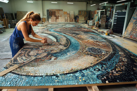 Skilled artisan meticulously arranges colorful tiles to form a detailed mosaic in a creative workspace.の写真素材