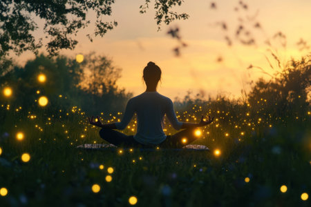 A woman sits cross-legged in a tranquil field at sunset, illuminated by soft glowing lights around her.の写真素材