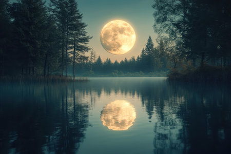 A bright full moon illuminates a calm lake, casting reflections among surrounding trees at dusk.の写真素材