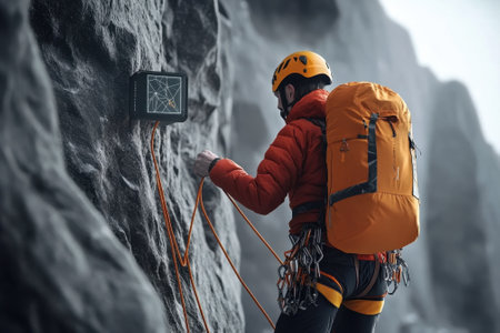 A rock climber adjusts equipment while climbing a steep cliff face in a remote area at dawn.の写真素材