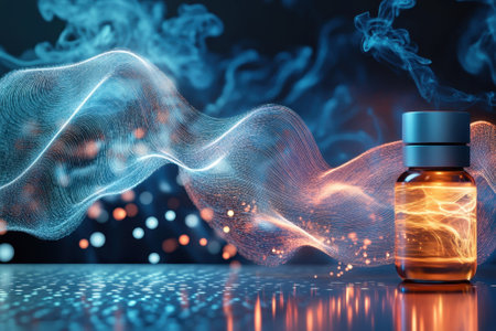 A glass bottle filled with a bright liquid sits on a surface, illuminated by colorful swirling smoke and lights.の写真素材