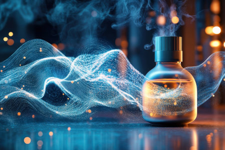 A stylish perfume bottle emanates light with swirling ethereal waves in a dimly lit setting.の写真素材