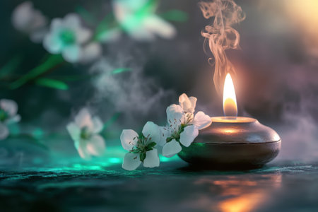 A glowing candle sits next to delicate white flowers, creating a calming atmosphere filled with soft smoke.の写真素材