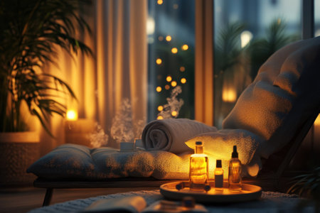 Soft glow of candles and essential oils creates a serene atmosphere for relaxation and tranquility.の写真素材