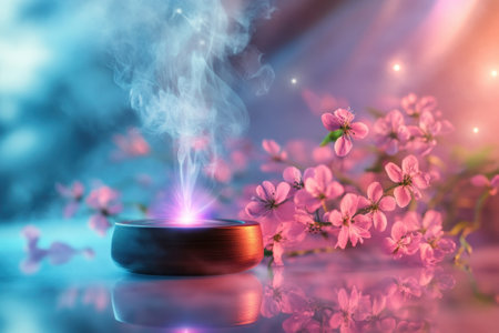 Soft smoke rises from incense, beautifully complemented by vibrant cherry blossoms creating a tranquil ambiance.の写真素材