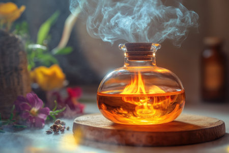 Warm steam rises from a glass container filled with aromatic liquid, surrounded by colorful flowers and herbs.の写真素材