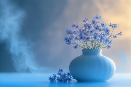 Delicate blue flowers are arranged in a simple ceramic vase, surrounded by a softly lit misty backdrop.の写真素材