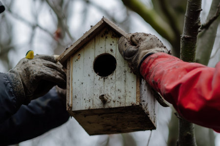 Two hands work together to install a birdhouse in a tree on a gray day, showing teamwork in nature.の写真素材