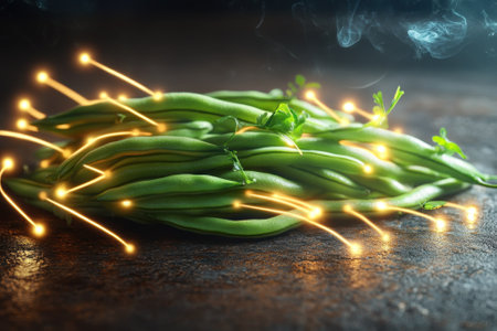 Fresh green beans are arranged artistically with glowing light effects, set against a dark background.の写真素材
