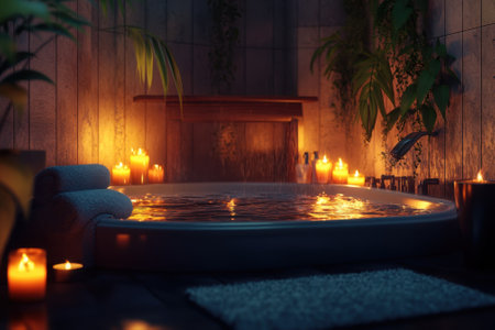 Candles illuminate a serene bathroom, highlighting a cozy spa with plants and a bubbling tub filled with water.の写真素材