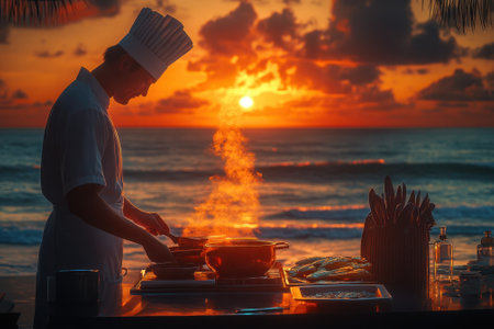 A chef cooks on the beach as the sun sets, creating a picturesque and warm atmosphere along the shoreline.の写真素材
