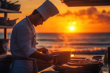 Chef cooks a delicious dish as the sun sets over the ocean, creating a beautiful atmosphere.の写真素材