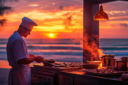 Chef skillfully grills a variety of dishes as the sun sets, creating a stunning backdrop of vibrant colors.の写真素材