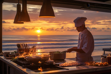 A chef skillfully prepares fresh ingredients while beautiful colors fill the sunset sky over the ocean.の写真素材
