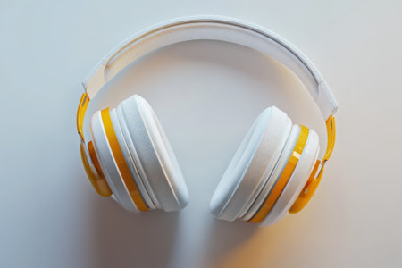 Stylish white headphones with bright orange accents are neatly placed on a clean, light surface.の写真素材