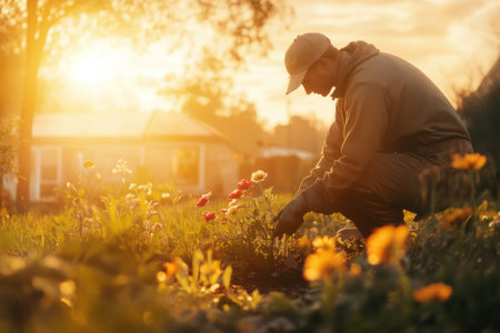 A person kneels in a flower garden, planting blooms as the sun sets, illuminating the landscape with warmth.の写真素材