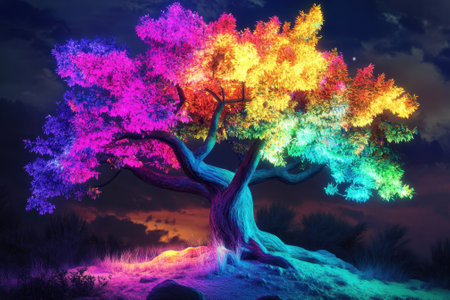 A striking tree with radiant, multicolored leaves stands out against a dark sky, creating a magical atmosphere.の写真素材