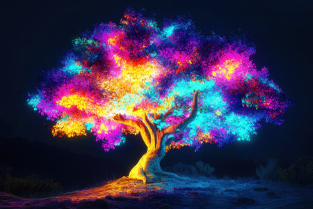 A vibrant tree glows with bright colors in a dark landscape, creating a magical nighttime atmosphere.の写真素材