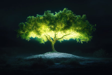 A large tree glows brightly, casting light around its branches in a dark landscape at night.の写真素材