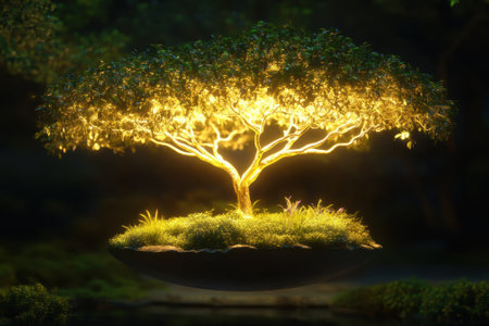 A magical tree floats above a vibrant meadow, its branches glowing softly against the dark sky at night.の写真素材
