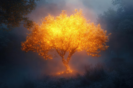 Glowing orange tree stands prominently in a fog-filled forest as dusk approaches, creating a mystical atmosphere.の写真素材