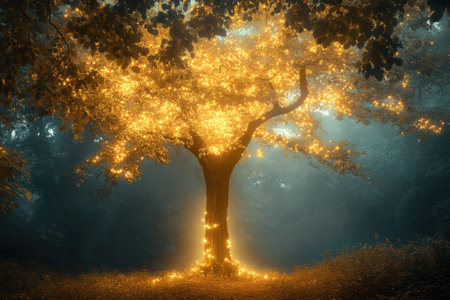 A magnificent tree illuminated with warm lights stands amidst a misty forest at twilight, creating a magical ambiance.の写真素材