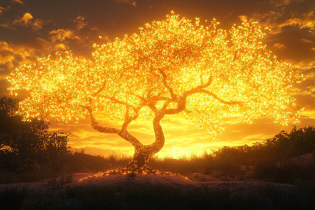 A vibrant tree glows in warm shades during a beautiful sunset, surrounded by lush greenery.の写真素材