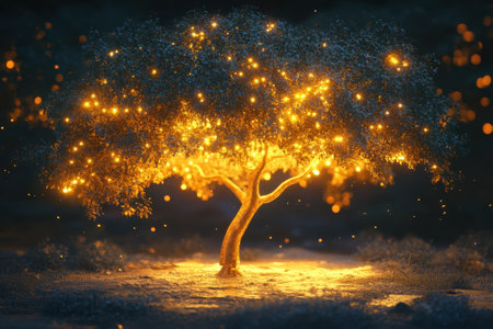 A majestic tree glows with warm lights, creating a magical atmosphere in the night.の写真素材