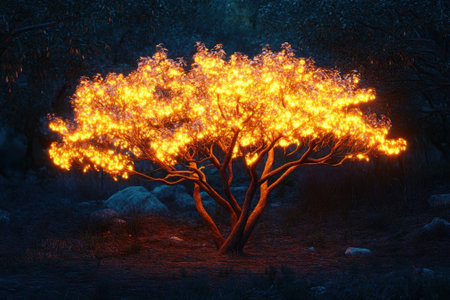 A tree radiates a warm, golden glow at night, surrounded by dark foliage and rocks in a serene forest.の写真素材