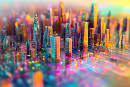 A vibrant skyline of unique skyscrapers at twilight creates a magical view.の写真素材