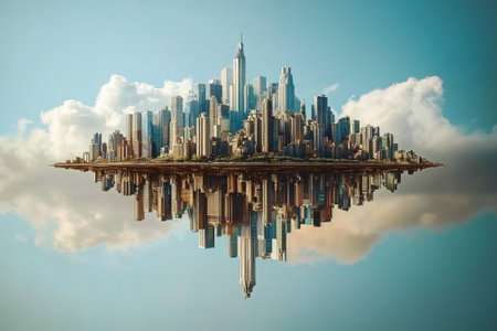 A vibrant skyline hovers above the water, showing modern architecture and a bright blue sky.の写真素材