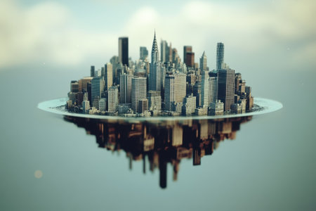 A surreal cityscape shows buildings tower above calm water, reflecting their grandeur in the serene surroundings.の写真素材