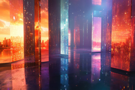 Colorful glass structures reflect vivid sunset hues while casting shadows over a tranquil urban skyline.の写真素材