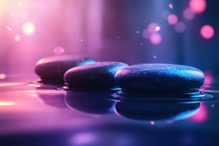 Tranquil scene of smooth stones on calm water, surrounded by gentle glowing lights in the background.の写真素材