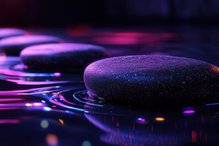 Smooth stones rest in still water, creating a serene ambiance enhanced by shimmering reflections and colors.の写真素材