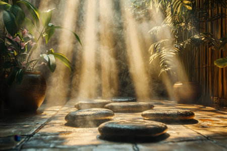 Soft rays of sunlight break through mist in a serene garden with smooth stones and lush greenery around.の写真素材
