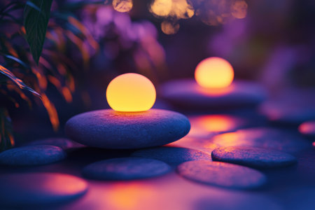 Glowing orbs rest on smooth stones surrounded by foliage, evoking a calm and peaceful evening ambiance.の写真素材
