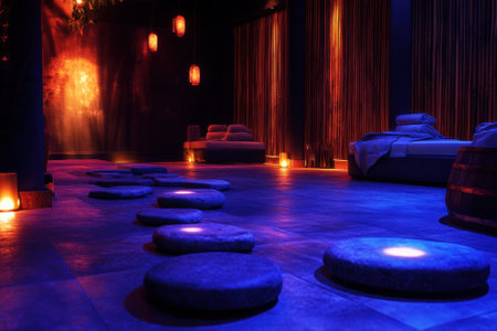 Soft blue lighting creates a serene atmosphere in the wellness spa, highlighted by stone pathways and cozy seating.の写真素材