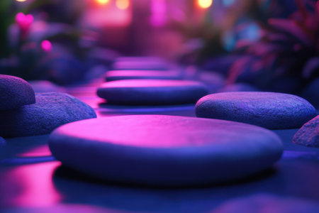 Smooth, rounded stones form a pathway through a beautifully lit garden filled with lush greenery.の写真素材