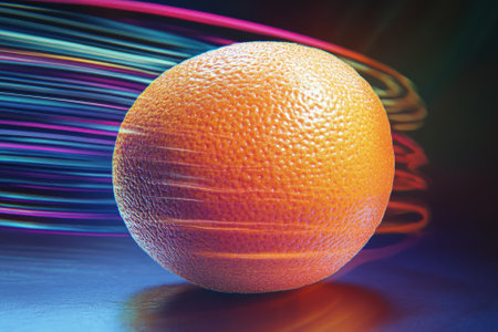 A bright orange sphere sits on a surface, surrounded by swirling colorful lights, creating a dynamic feel.の写真素材