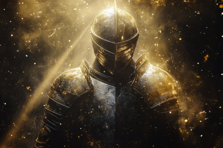A knight clad in metallic armor stands confidently, surrounded by a glowing golden light effect, exuding strength.の写真素材