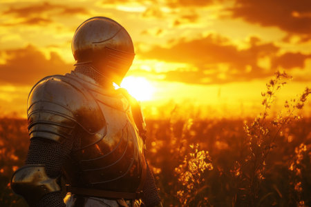 A knight in reflective armor gazes at the sunset, surrounded by tall grass under a colorful sky.の写真素材