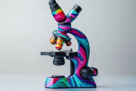 A vibrant microscope with a swirling pattern stands out against a neutral background, showing its design.の写真素材