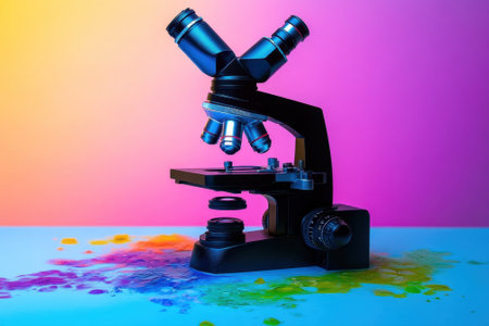 A microscope stands on a surface covered with vibrant ink splashes, showing a creative scientific setup.の写真素材