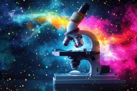 A microscope is set against a vibrant cosmic backdrop filled with colors and stars, symbolizing discovery.の写真素材