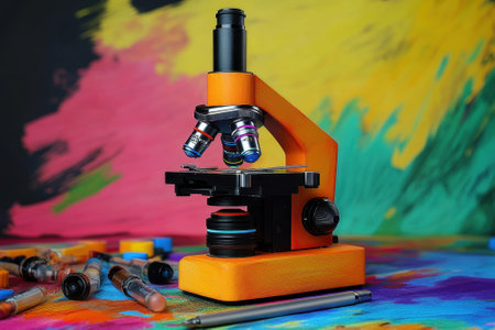 A microscope with colorful lenses rests on an artistic background alongside various art tools, showing creativity.の写真素材