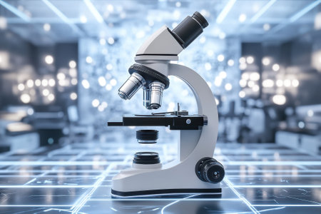 A laboratory microscope stands on a research table surrounded by glowing lights, indicating advanced technology.の写真素材
