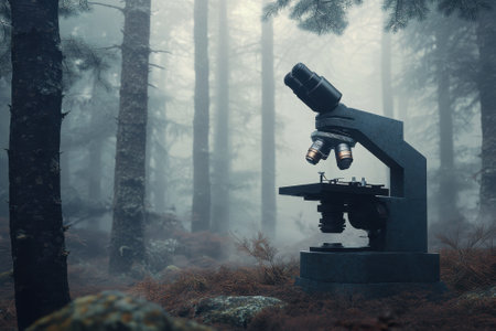 A microscope is positioned among trees in a foggy forest, creating an enchanting yet eerie atmosphere.の写真素材
