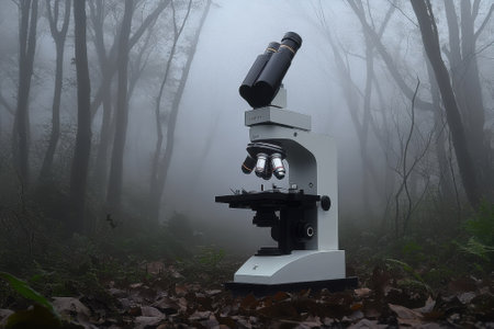 A microscope stands alone amidst a foggy forest, blending science with the beauty of nature.の写真素材