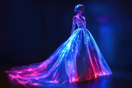 A model showcases a stunning gown with vibrant cosmic patterns in a dimly lit environment, captivating the audience.の写真素材